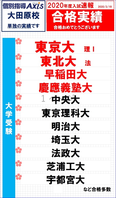 能開の個別指導Axis大田原校<br />
大学入試の実績 ※大田原校単独の実績です